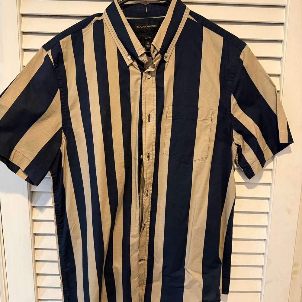 Banana Republic Navy and Tan Striped Button Down Shirt